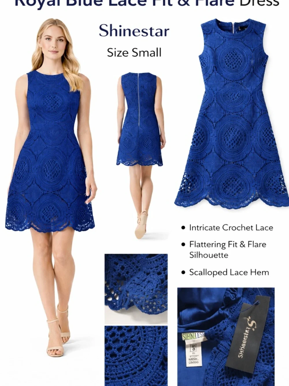 Shinestar Royal Blue Lace Dress Sleeveless Fit & Flare Scalloped Hem Size Small - Picture 4 of 8